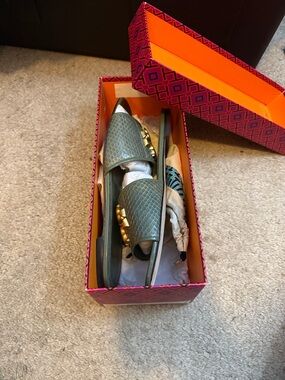 Used Tory Burch Olive Green Slide Sandals with Gold Logo Hardware